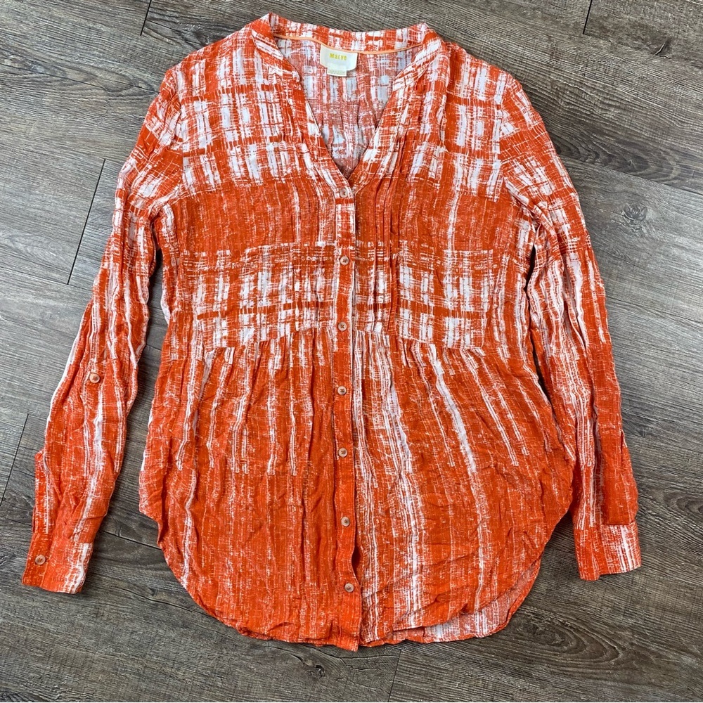Maeve Anthropologie Top Women 10 Orange Tie Dye V Neck Button Front Long Sleeve
